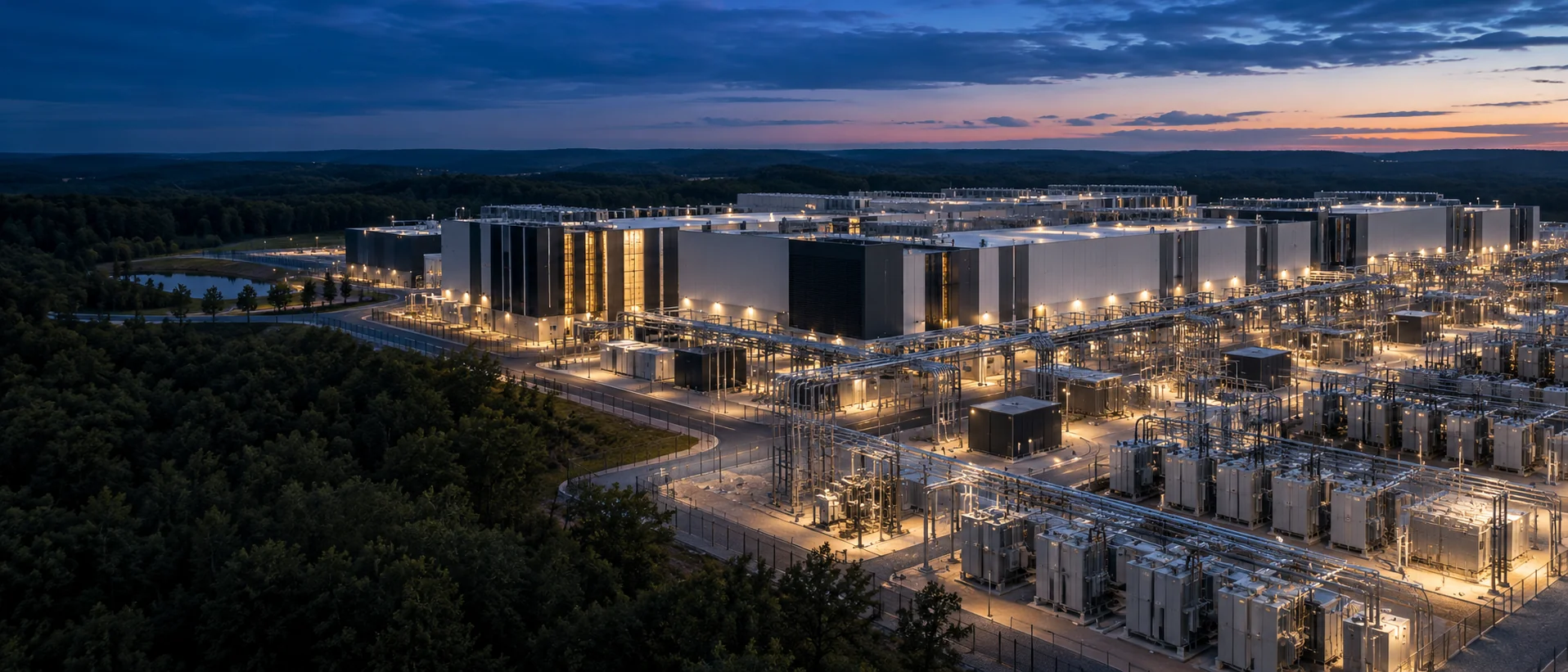 US data centre campus with electrical infrastructure at dusk